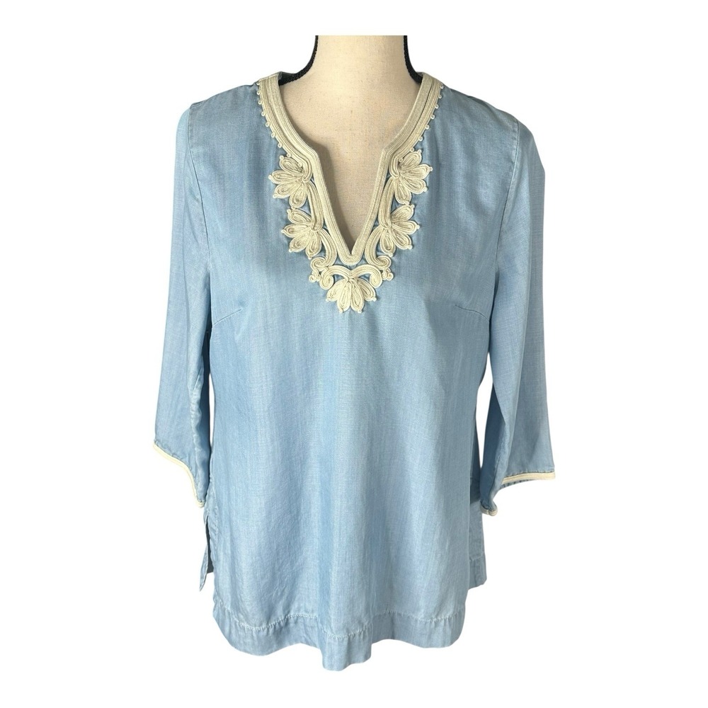 Tommy‎ Bahama Tencel Denim Blue Embroidered Pullover Tunic Shirt Women's S/P